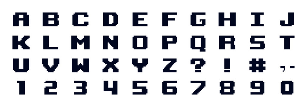 Pixel Art Alphabet and Numbers Set, Retro 8-Bit Vector Font