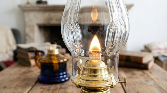 Close up of a vintage brass oil lamp with a burning flame. Retro kerosene lantern on a rustic wooden table in a cozy room. Antique lighting concept