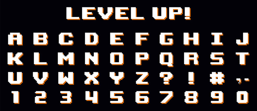Level Up Pixel Art Alphabet and Numbers, Retro 8-Bit Vector Font