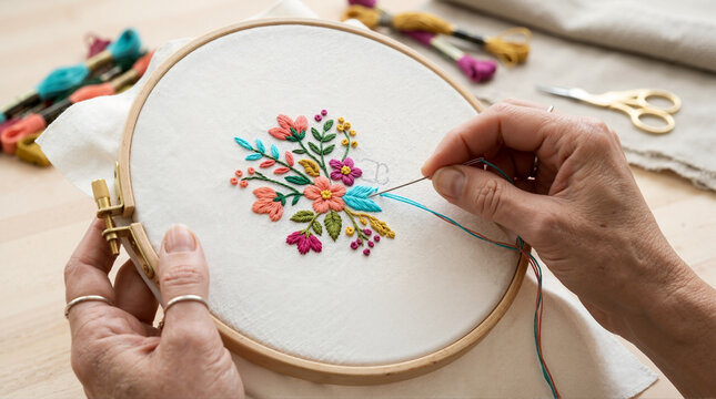 Close up of hands embroidering a colorful floral pattern in a wooden hoop. Woman doing needlework and stitching on white fabric. Creative handmade craft hobby concept