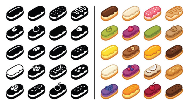 Collection of colorful eclairs and their black and white outlines, perfect for design and illustration.