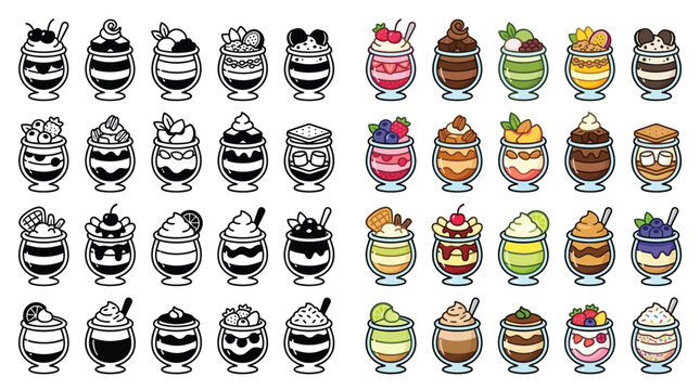 Collection of various cartoon desserts and ice cream sundaes in glasses, both in color and black and white.