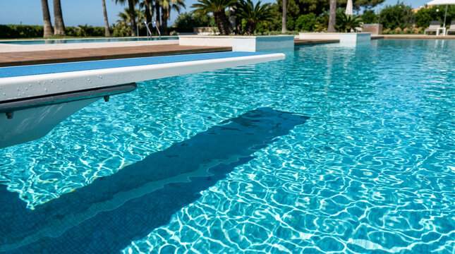 Diving board over a clear blue swimming pool. Close-up of springboard at a luxury resort on a sunny day. Summer vacation and leisure concept