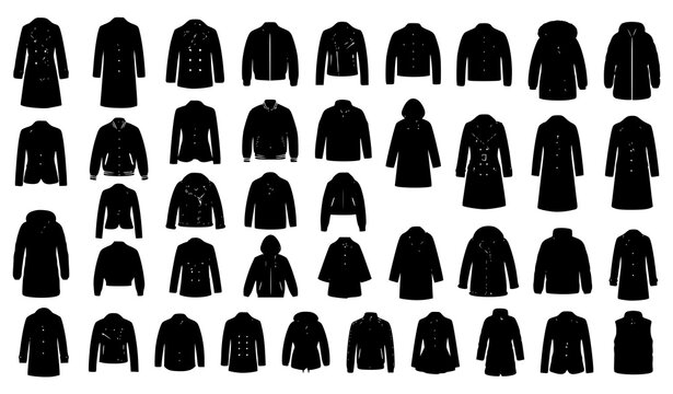 Collection of black silhouette winter coats and jackets isolated on white
