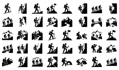 Fototapeta premium Mountaineering icons collection hiking climbing and summit achievement silhouettes