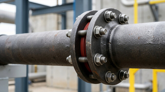 Close-up of a bolted flange connection on an industrial pipeline. Heavy duty metal pipe joint with red gasket and steel bolts. Engineering and infrastructure concept