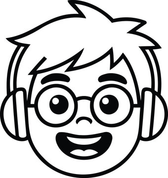 Cartoon boy wearing headphones and glasses smiling happily always
