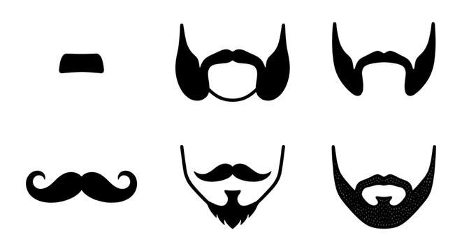 Beard Styles Vector Icons, Moustache Shapes Collection, Grooming Elements, Black and White Graphic Set for Men's Fashion and Barbershop Design