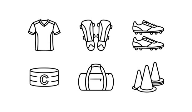 Soccer equipment line icons jersey shin guards cleats and sports accessories