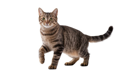 Tabby cat walking with one paw raised © Natalia