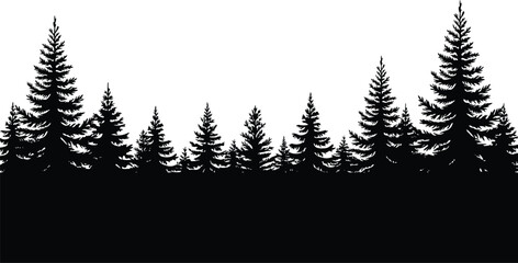 Obraz premium Evergreen Pine Forest Treeline Silhouette, Panoramic Conifer Woodland Vector Border, Modern Mountain Wilderness Horizon Graphic, Minimalist Solid Timber Silhouette, vector, illustration, silhouette.