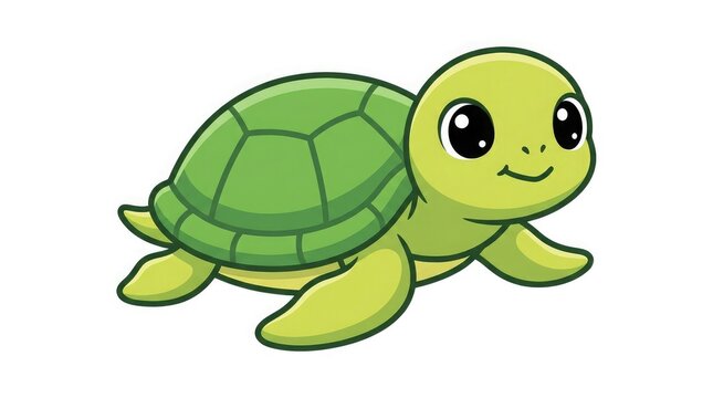 Cute cartoon turtle with a green shell on white background