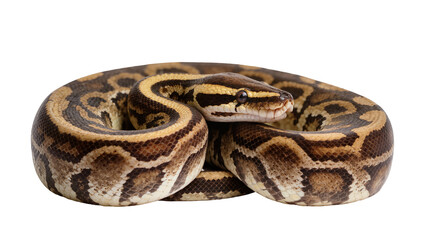 Fototapeta premium Ball Python coiled with intricate brown and yellow patterned scales