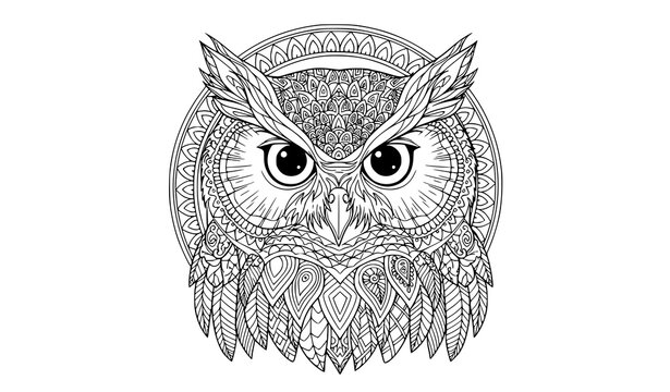 Intricate owl illustration detailed zentangle art for adult coloring books