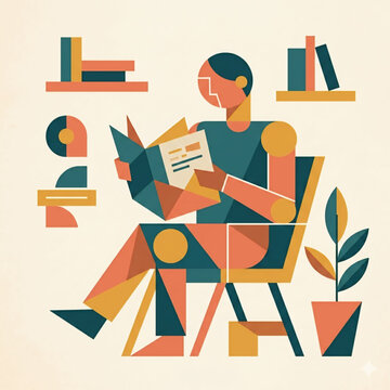 Abstract Geometric Human Character Reading Book Vector Illustration