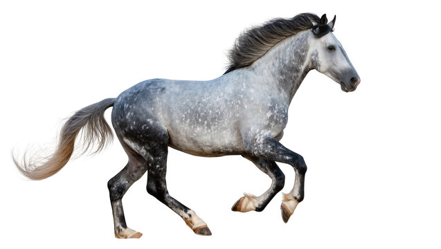 Dapple grey horse with flowing mane and tail in motion