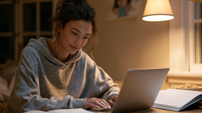 Night student at community college in modest home office corner completes closed caption auto generated subtitle review for recorded lecture on laptop, child's artwork visible on
