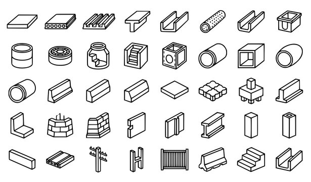 Precast reinforced concrete icon set with slabs pipes kerbs piles fence panels and construction elements vector illustration