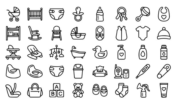 Baby product monoline icon set with stroller diaper cot toys clothing and childcare accessories vector illustration