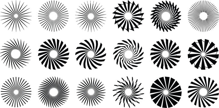 Circular sunburst geometric shapes, radial line burst elements, black sun ray patterns, abstract round spiral icons, hypnotic vortex design ornaments.