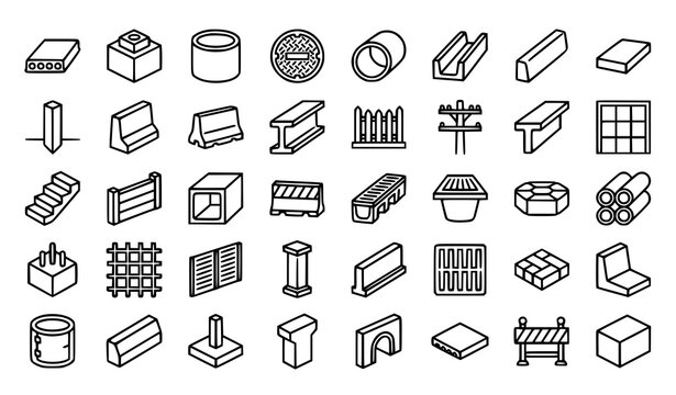 Reinforced concrete monoline icon set with precast slabs pipes kerbs foundation blocks and civil construction elements vector illustration