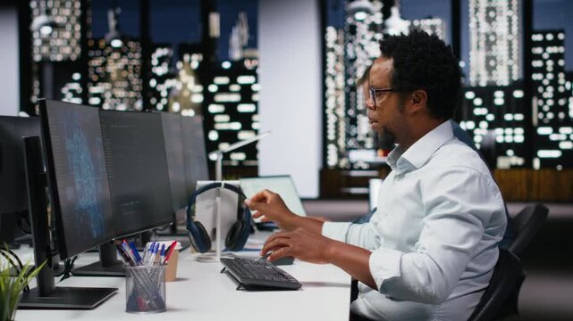 Tech startup IT specialist developing AI algorithms in high rise office, listening music. Admin wearing headphones debugging neural network brain models on screens for coding workflows.