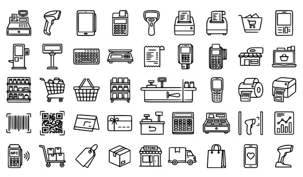 Point of sale and retail equipment outline icon collection with cash register barcode scanner shelves and checkout kiosk vector set