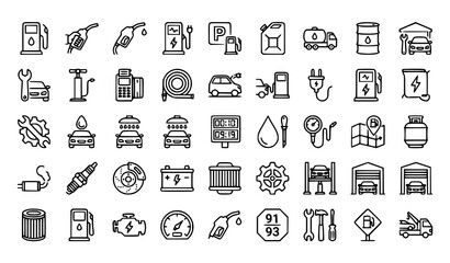 Gas station line icon set with fuel pump EV charging station jerrycan oil barrel and service symbols vector illustration editable stroke © RUBINA