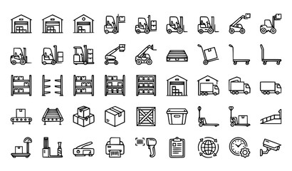 Warehouse line icon set with forklift pallet shelves boom lift telehandler and storage system vector illustration editable stroke © RUBINA