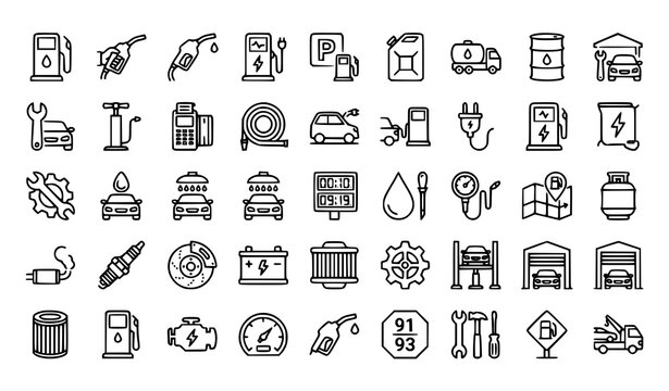 Gas station line icon set with fuel pump EV charging station jerrycan oil barrel and service symbols vector illustration editable stroke