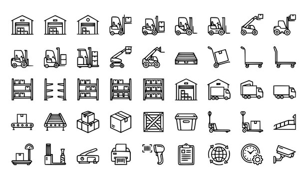 Warehouse line icon set with forklift pallet shelves boom lift telehandler and storage system vector illustration editable stroke