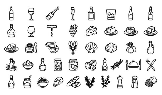 Gourmet food and fine dining outline icon collection with alcohol drinks seafood truffle caviar and luxury ingredients vector set