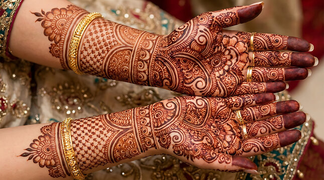 Hands with colorful henna tattoos holding money