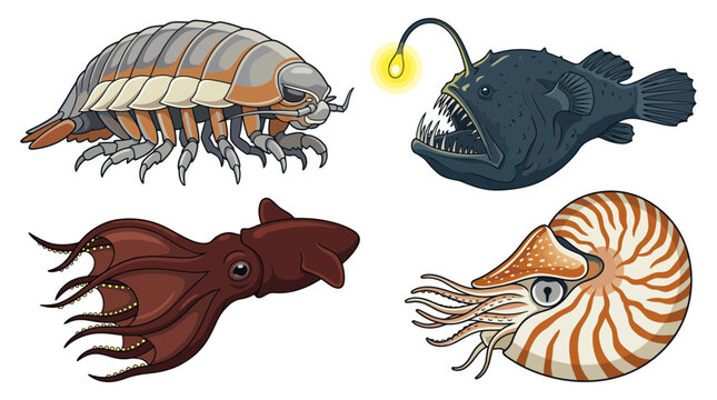 Vector illustration set of deep sea creatures including giant isopod, anglerfish, vampire squid, and nautilus isolated on white
