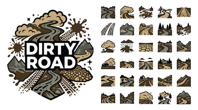 Vintage dirty road vector icons set, off-road mountain trails and muddy path illustrations, 25 rustic landscape elements for adventure branding