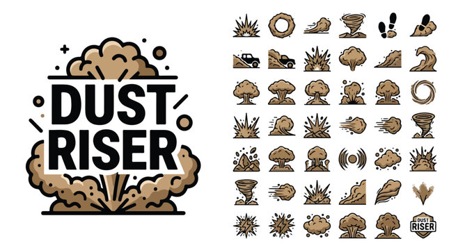 Dust riser icon set, brown smoke clouds and explosion effects vector, 42 desert sand storm and wind motion graphics for game design and UI