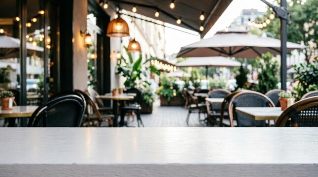 Outdoor Cafe Terrace with String Lights and Umbrellas for Web Design