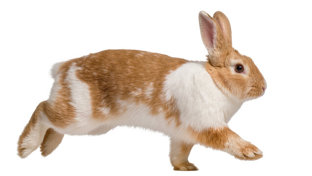 Brown and white rabbit running with ears up