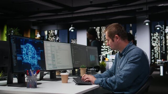 Tech startup worker drinking coffee, developing AI algorithms in high rise office. Caffeinated programmer energetically debugging neural network brain models on screens for coding workflows.