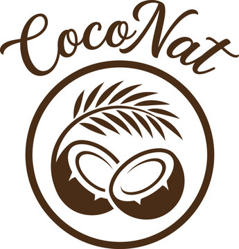 CocoNat text with coconuts and palm leaf inside circle, vector isolated illustration.