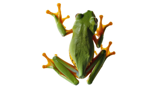 Green tree frog with orange feet clinging to surface
