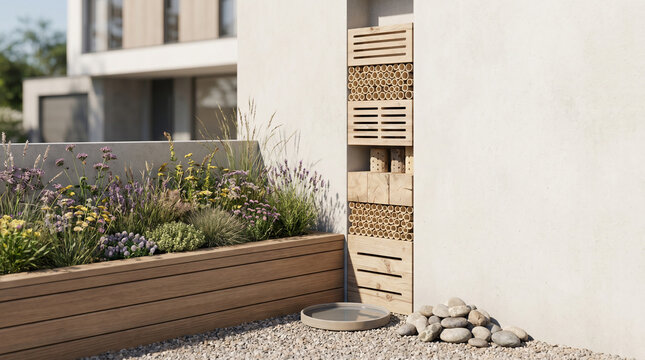 Insect hotel integrated into a pollinator garden beside a modern home supporting urban biodiversity