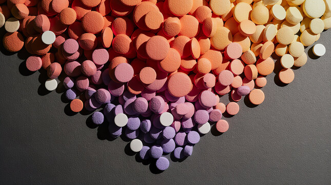 Colorful assortment of round vitamins and supplements arranged in a gradient pattern on a dark surface, showcasing various shapes and sizes for health and wellness applications