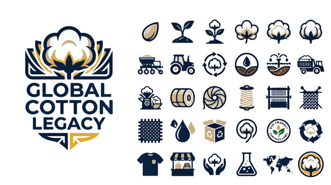 Cotton industry icon set with 30 vector elements, global cotton legacy logo design, sustainable textile manufacturing and agriculture symbols
