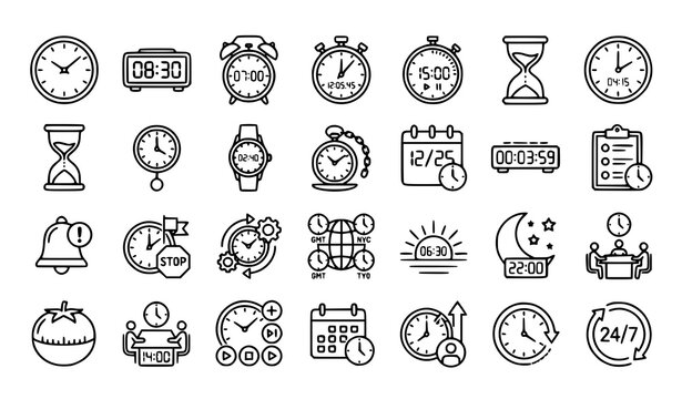 Time management icons set clocks timers and scheduling line art