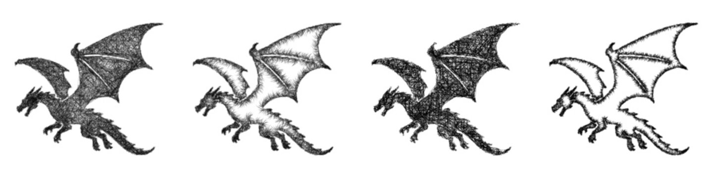 Sketch black and white flying dragon icon design set