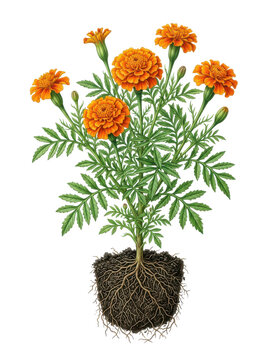 Vibrant orange marigold flowers with exposed roots on white background