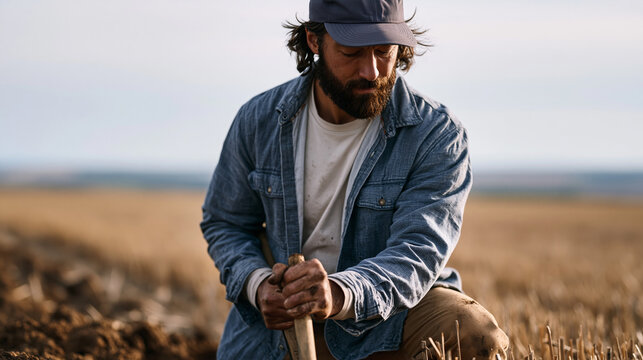 Soil scientist bores core sample beside stubble field before autumn cultivation, layered profile examination at fieldside, agronomy career, precision agriculture soil health