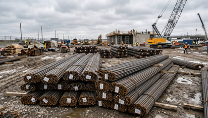 Large stacks of steel rebar materials at industrial construction site under cloudy sky development.