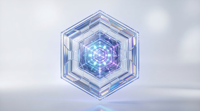 Crystalline hexagon object with iridescent surfaces and glowing internal structure hexagonal